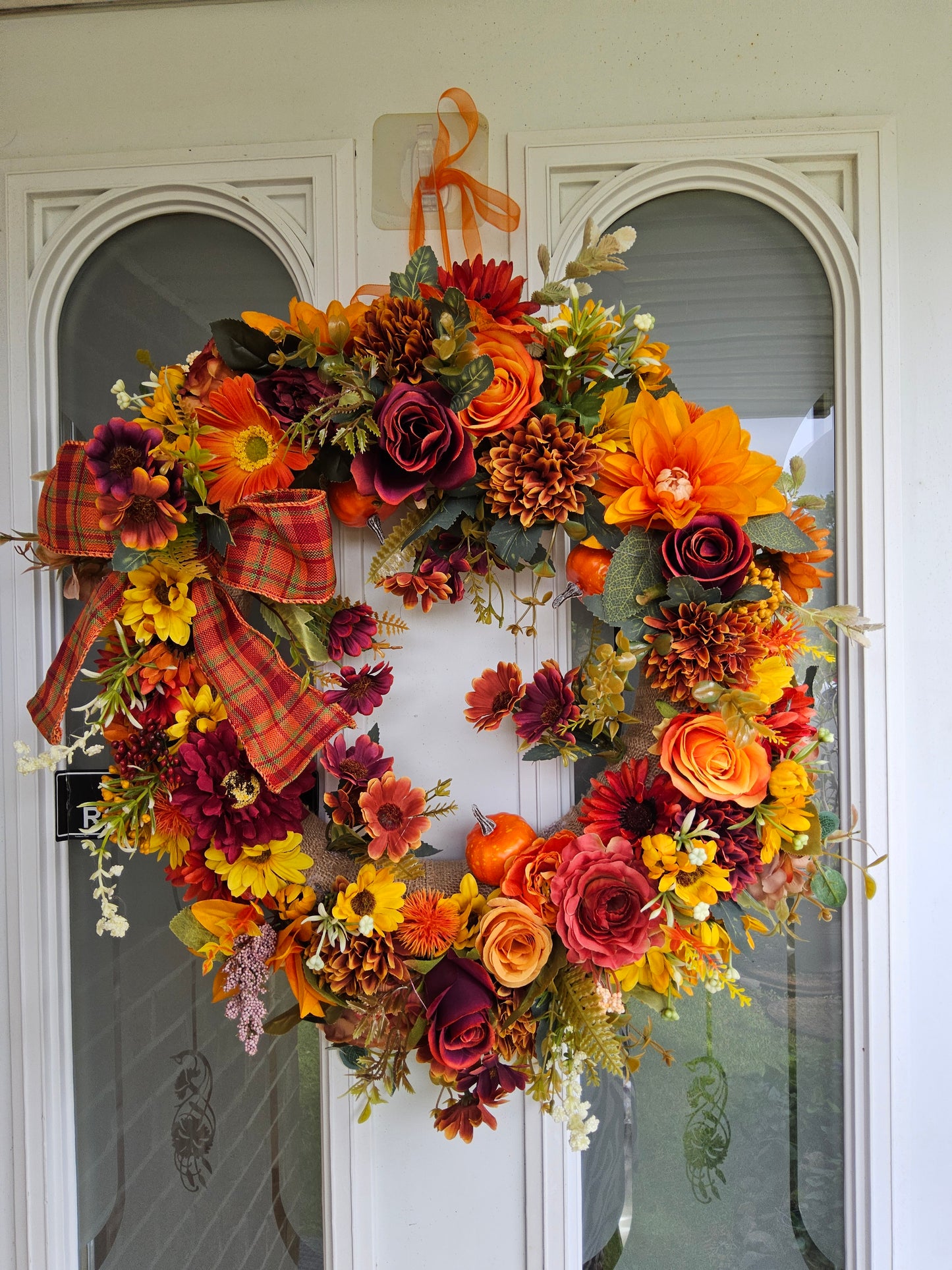 Plaid and Pumpkin Autumn Wreath. Handmade Faux Autumn Door Decor. (A2)
