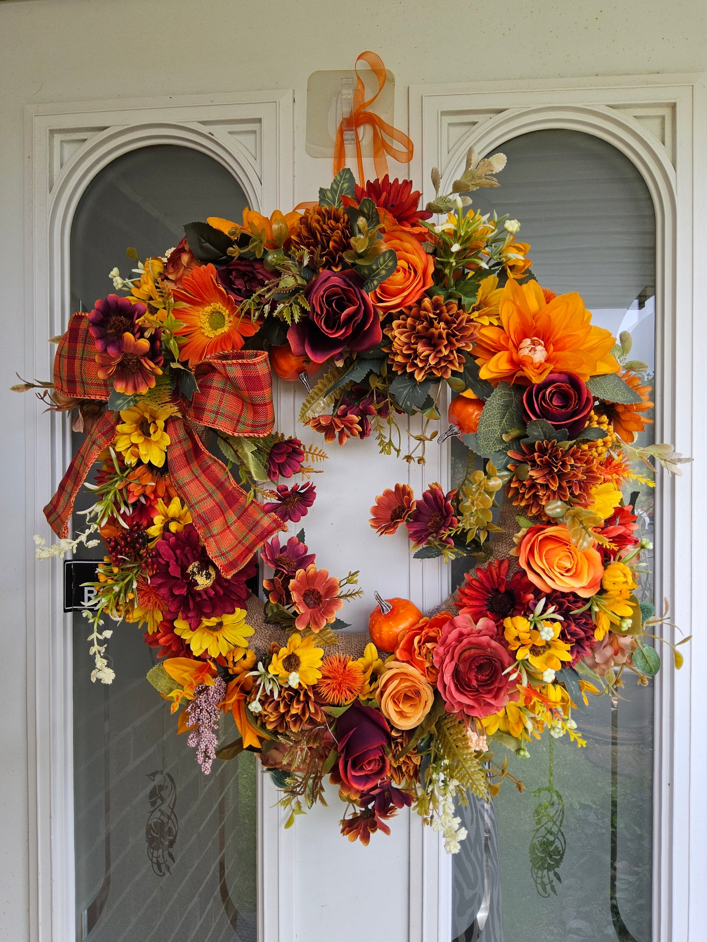 Plaid and Pumpkin Autumn Wreath. Handmade Faux Autumn Door Decor. (A2)
