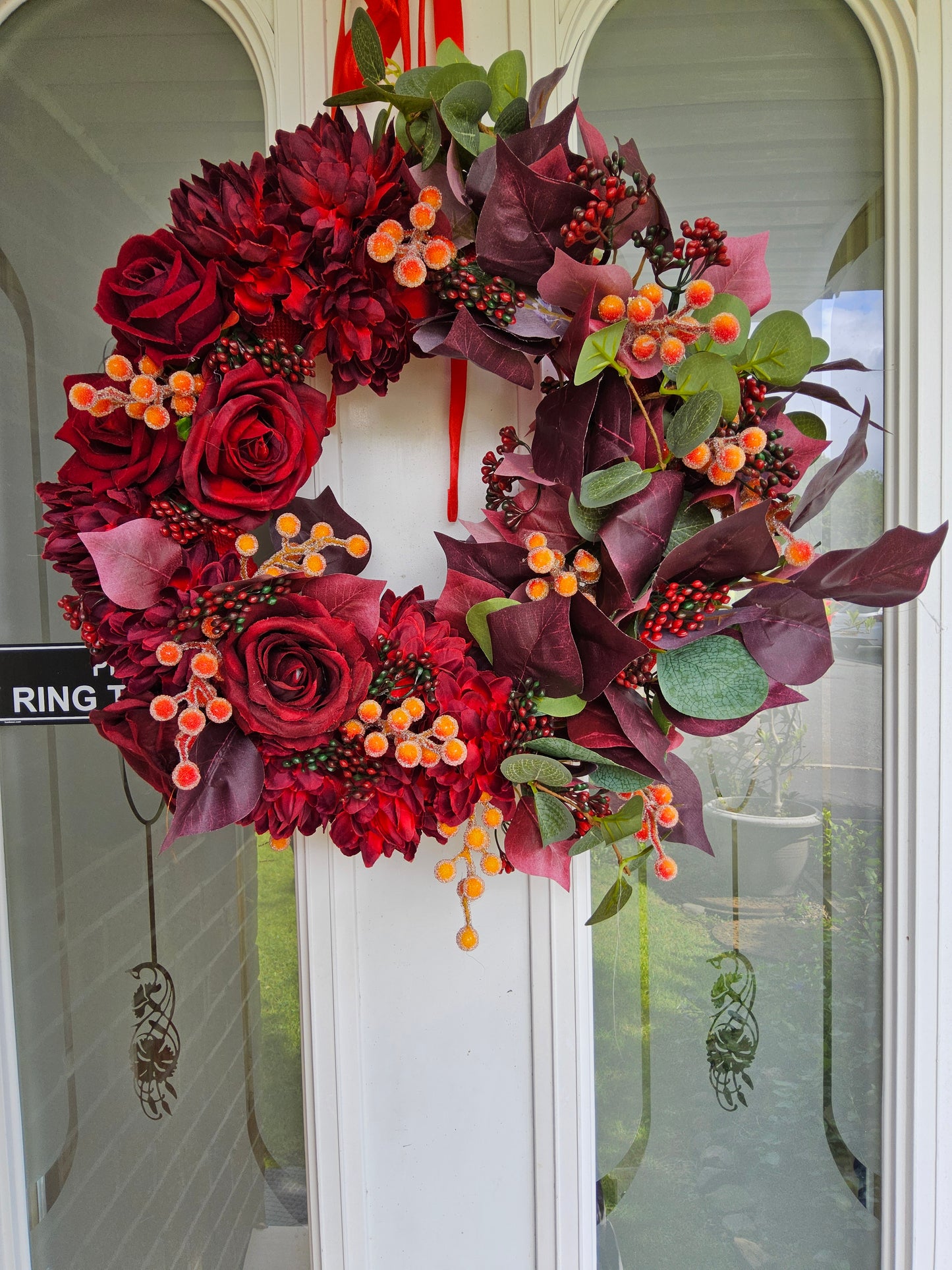 Burgundy & Berry Autumn Wreath. Handmade Faux Autumn Door Decor. (A4)