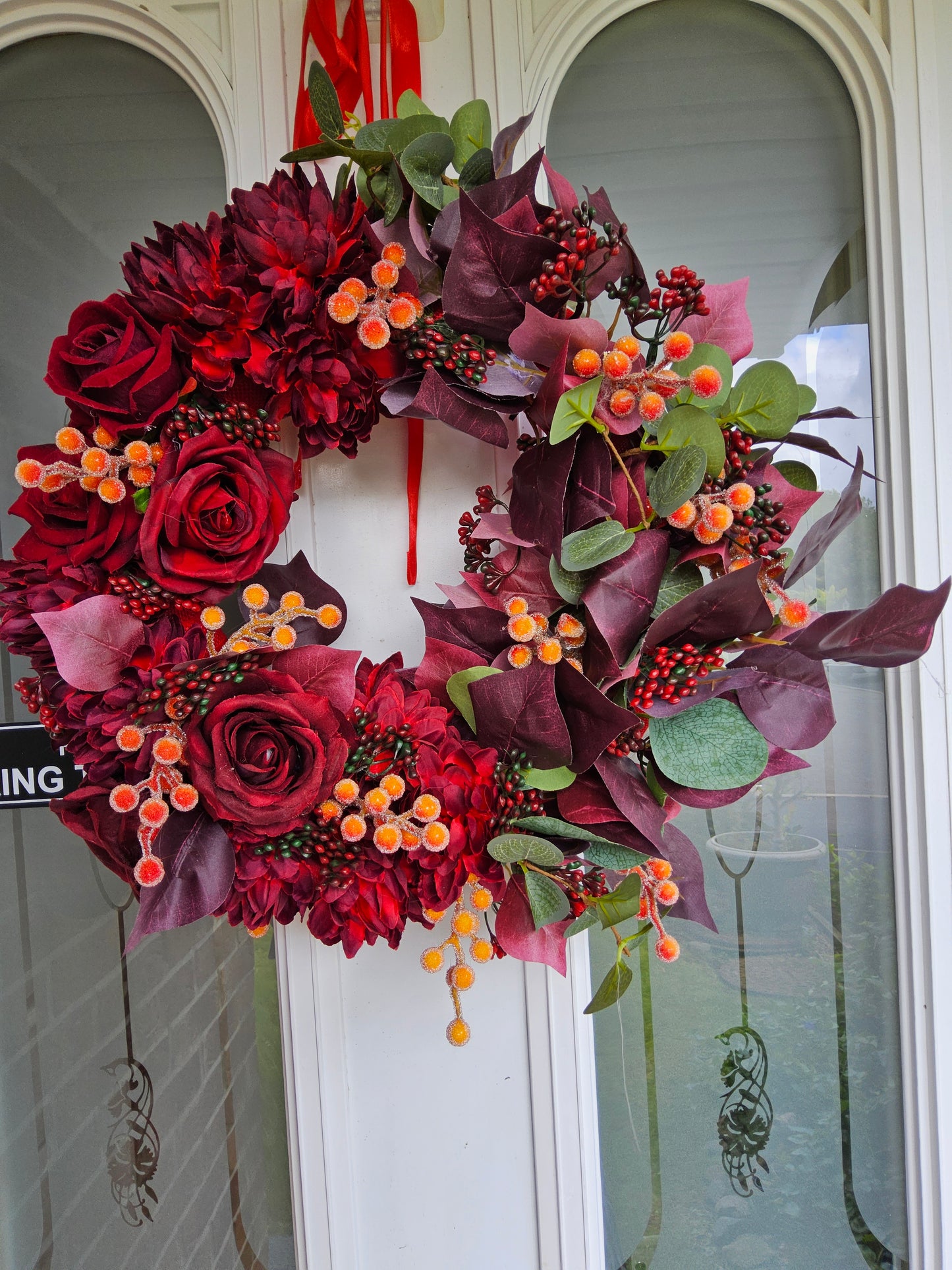 Burgundy & Berry Autumn Wreath. Handmade Faux Autumn Door Decor. (A4)