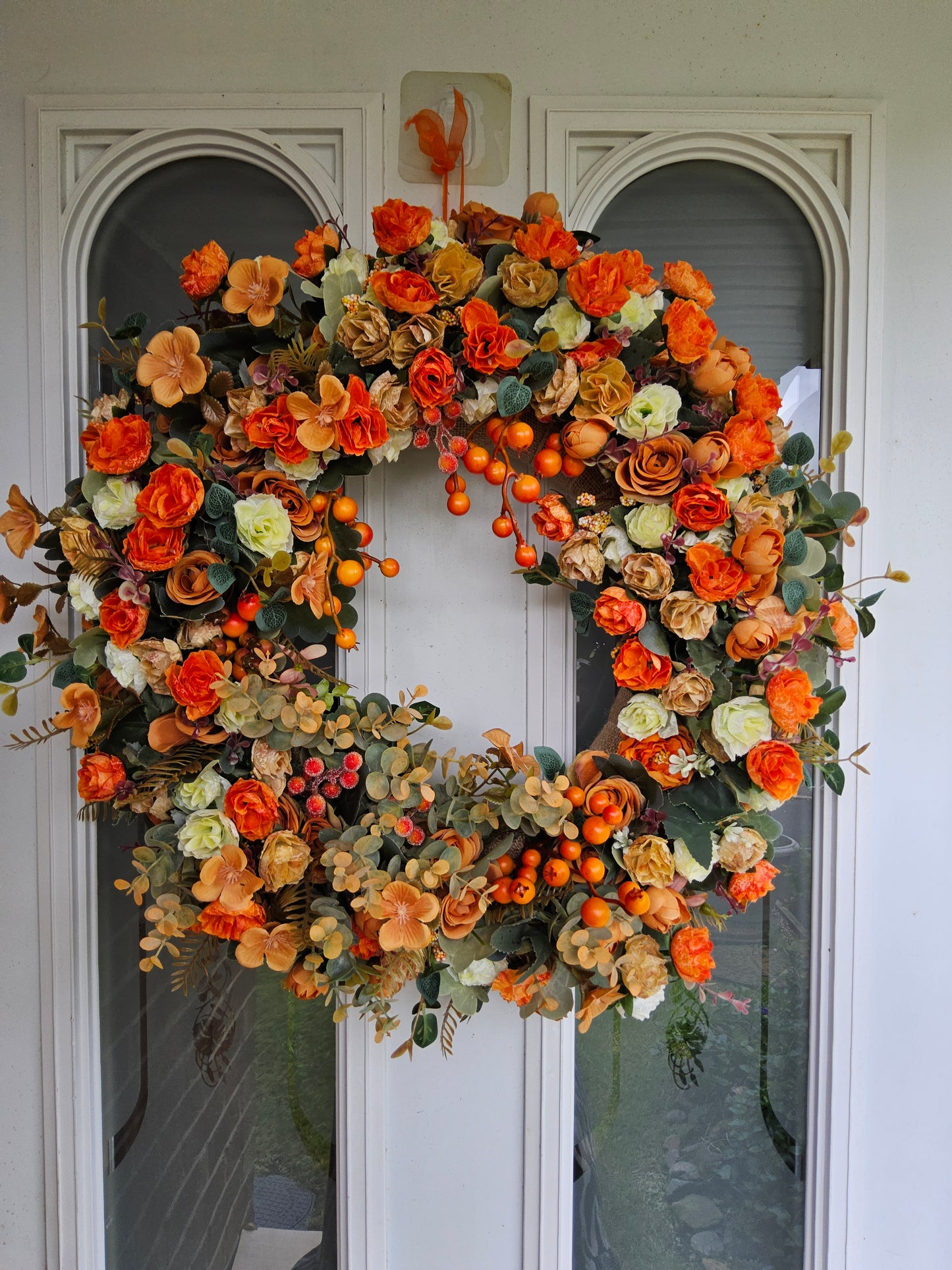 Pumpkin Orange Autumn Wreath. Handmade Faux Autumn Door Decor. (A5)