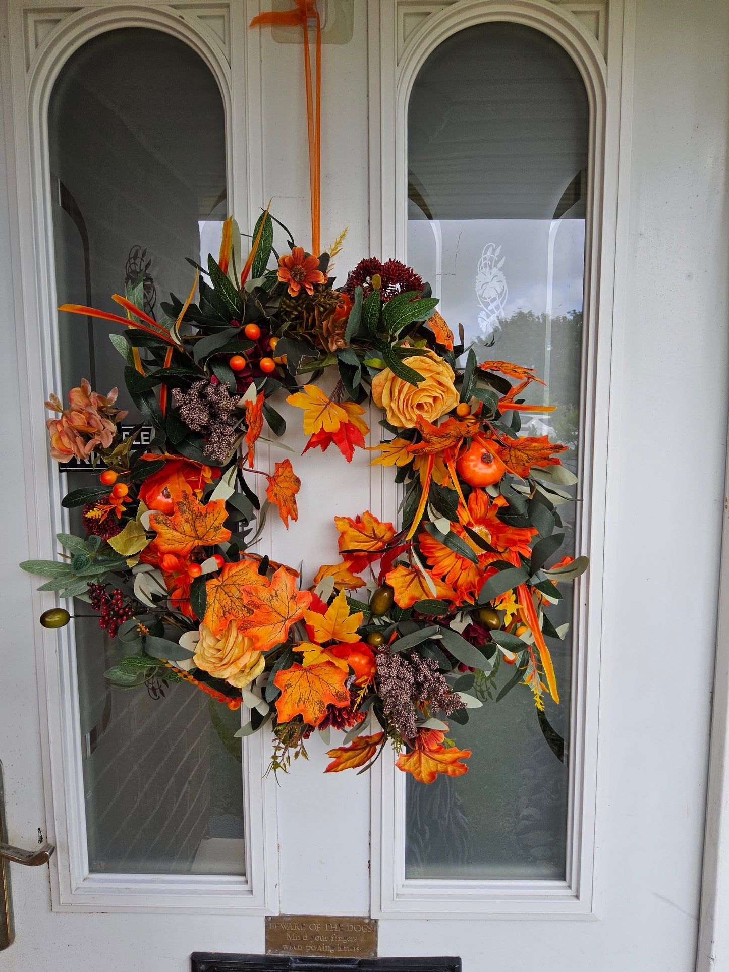 Autumn Olive & Pumpkin Wreath. Handmade Faux Autumn Door Decor. (A6)