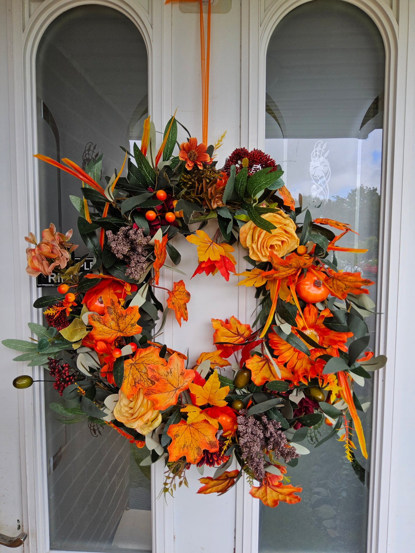 Autumn Olive & Pumpkin Wreath. Handmade Faux Autumn Door Decor. (A6)