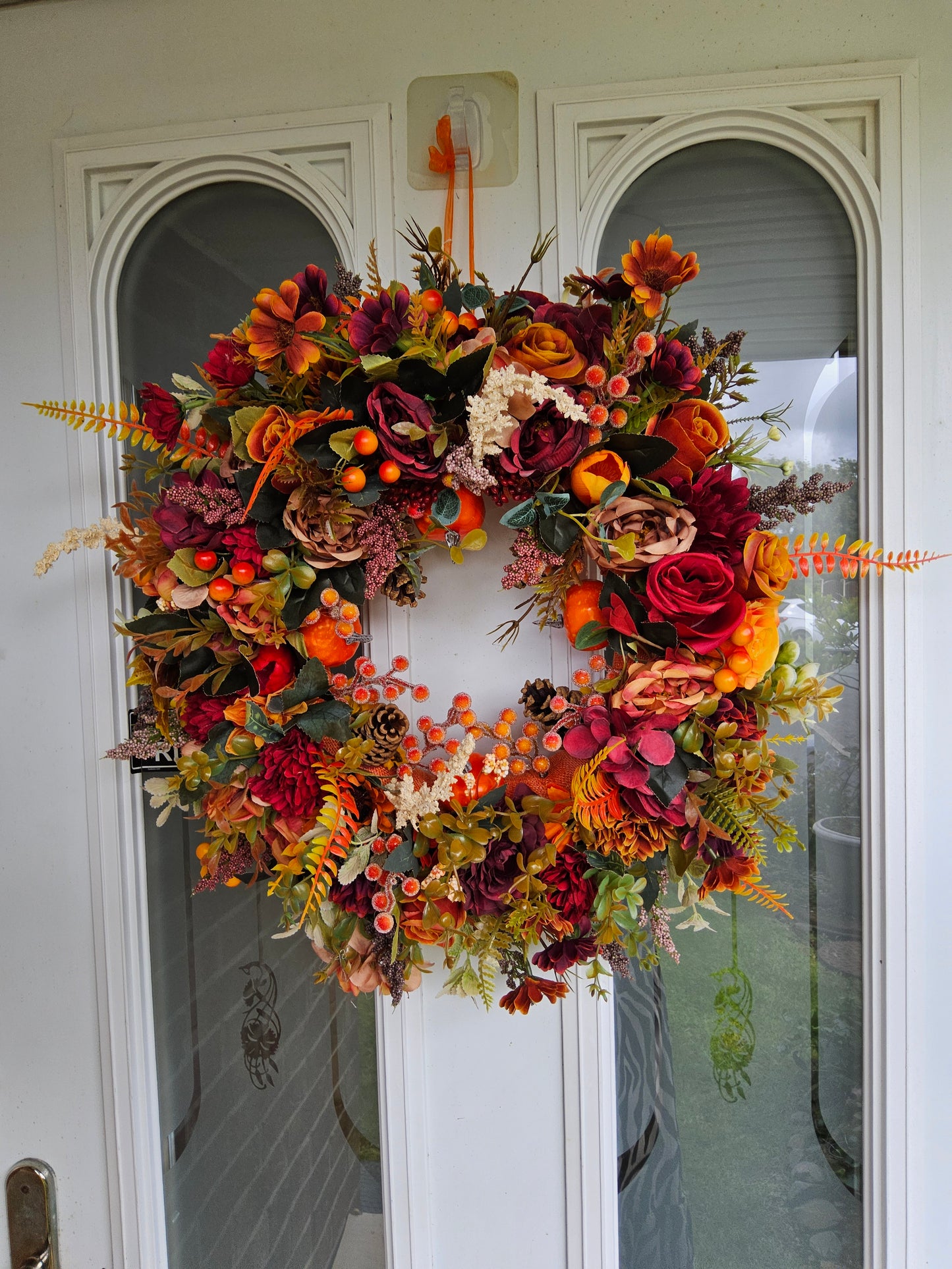 Autumn Orange Berries And Pine-cones - Handmade Faux Autumn Door Decor (A8)