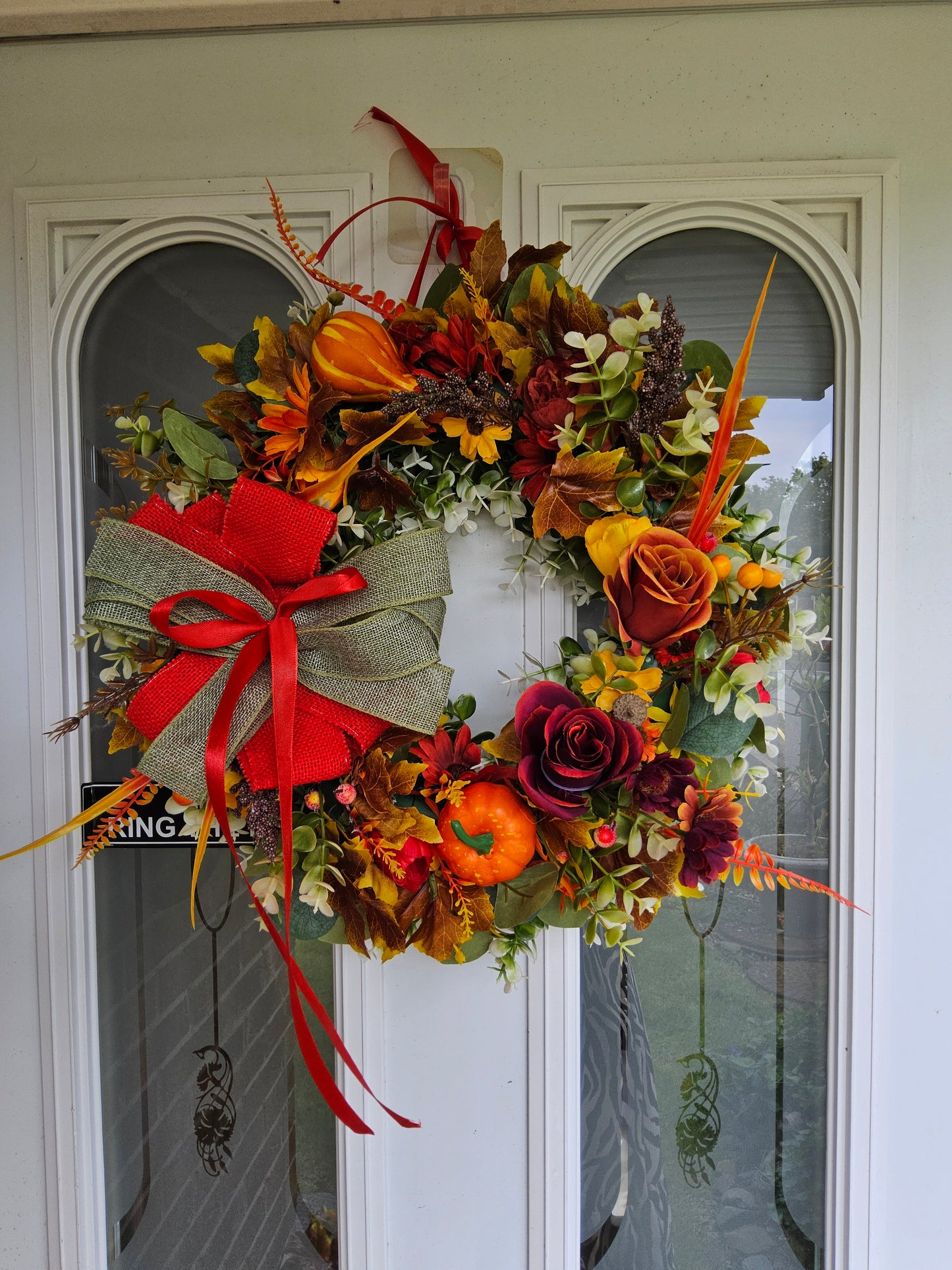 Crimson and Gold Autumn Wreath. Handmade Faux Autumn Door Wreath. (A11)