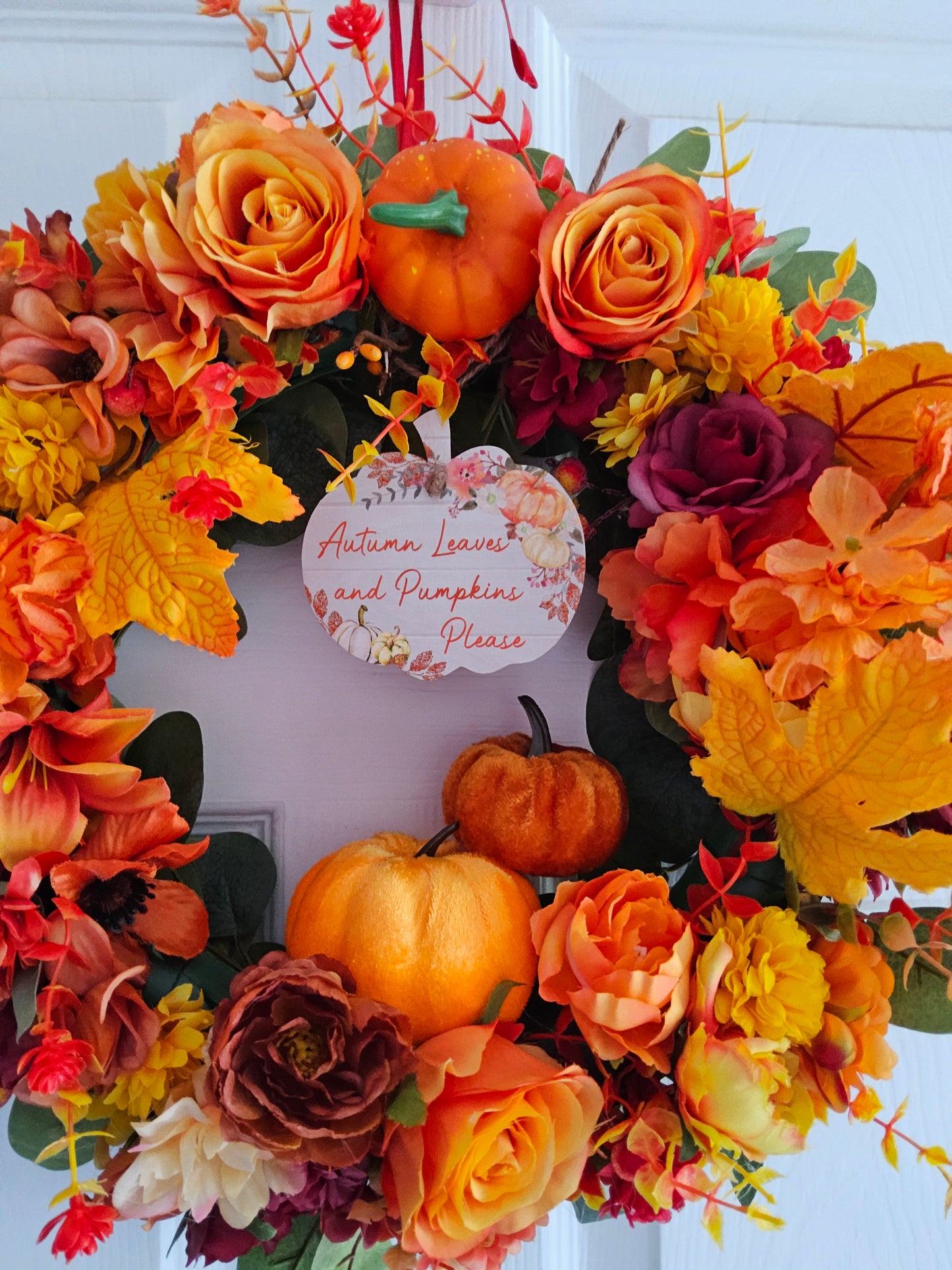 A1. Harvest Gold & Orange Wreath Handmade Faux Autumn Door Decor. (A1)