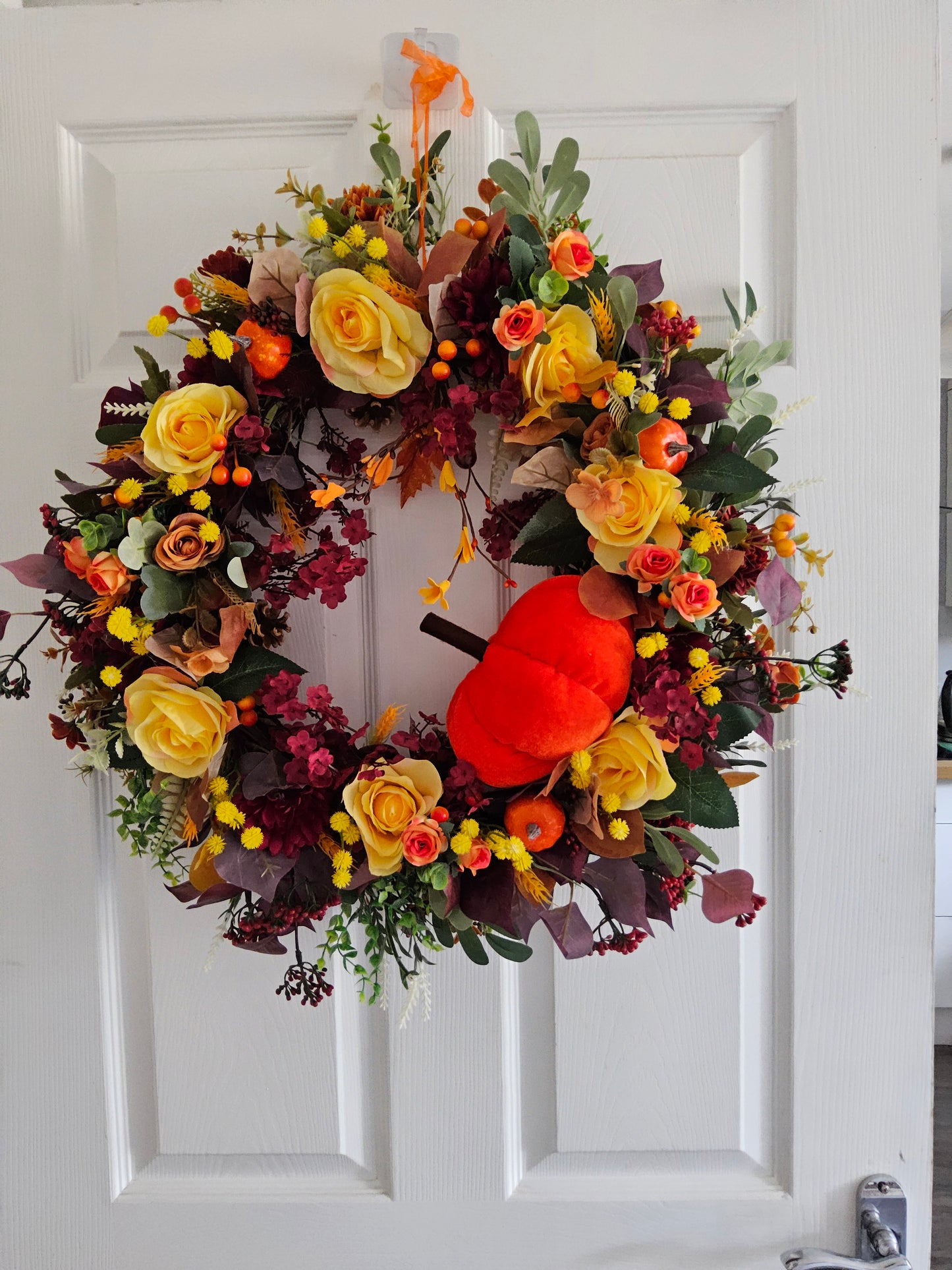 Golden Harvest Pumpkin Wreath. Handmade Faux Autumn Door Wreath (A16)
