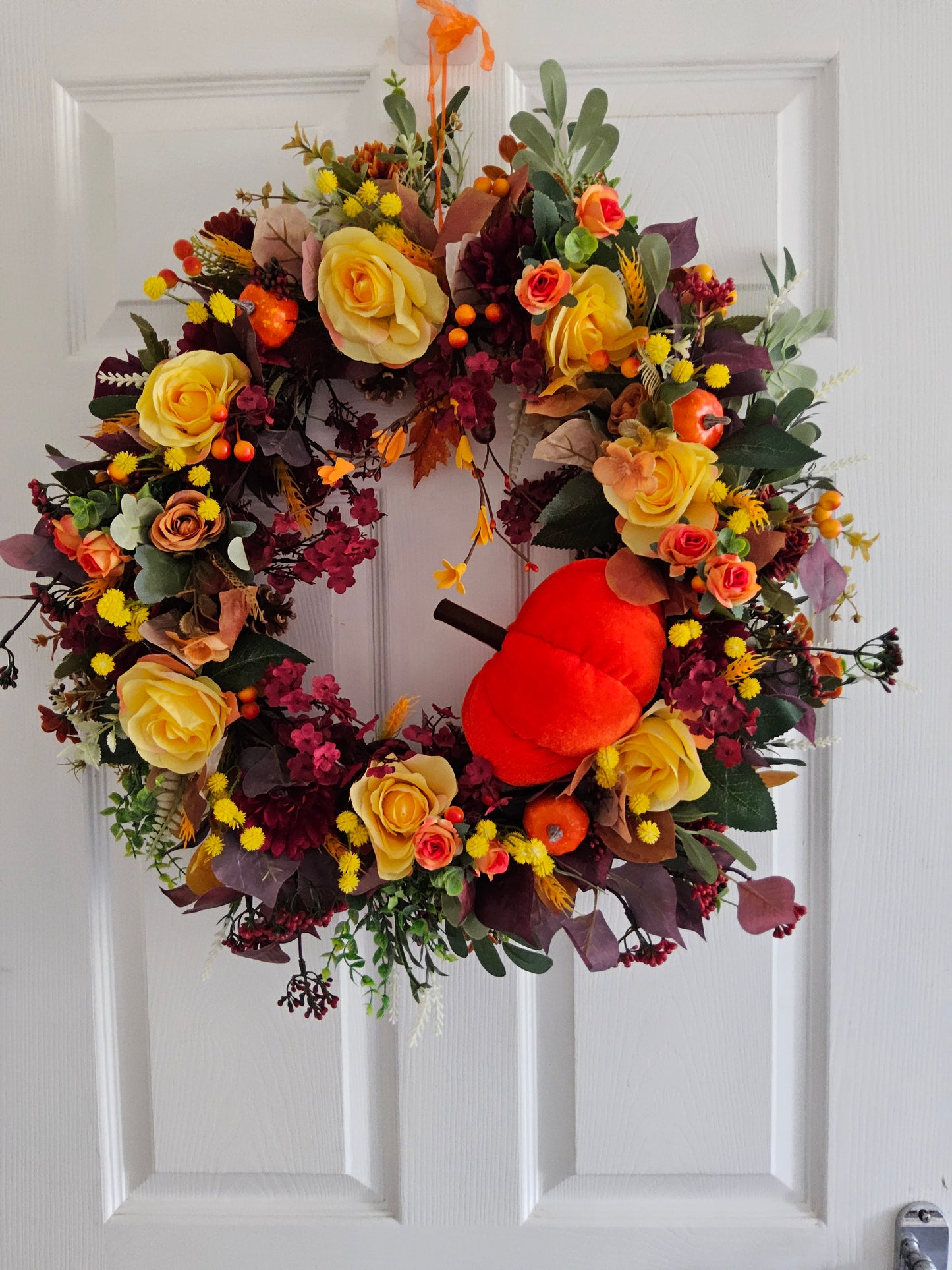 Golden Harvest Pumpkin Wreath. Handmade Faux Autumn Door Wreath (A16)
