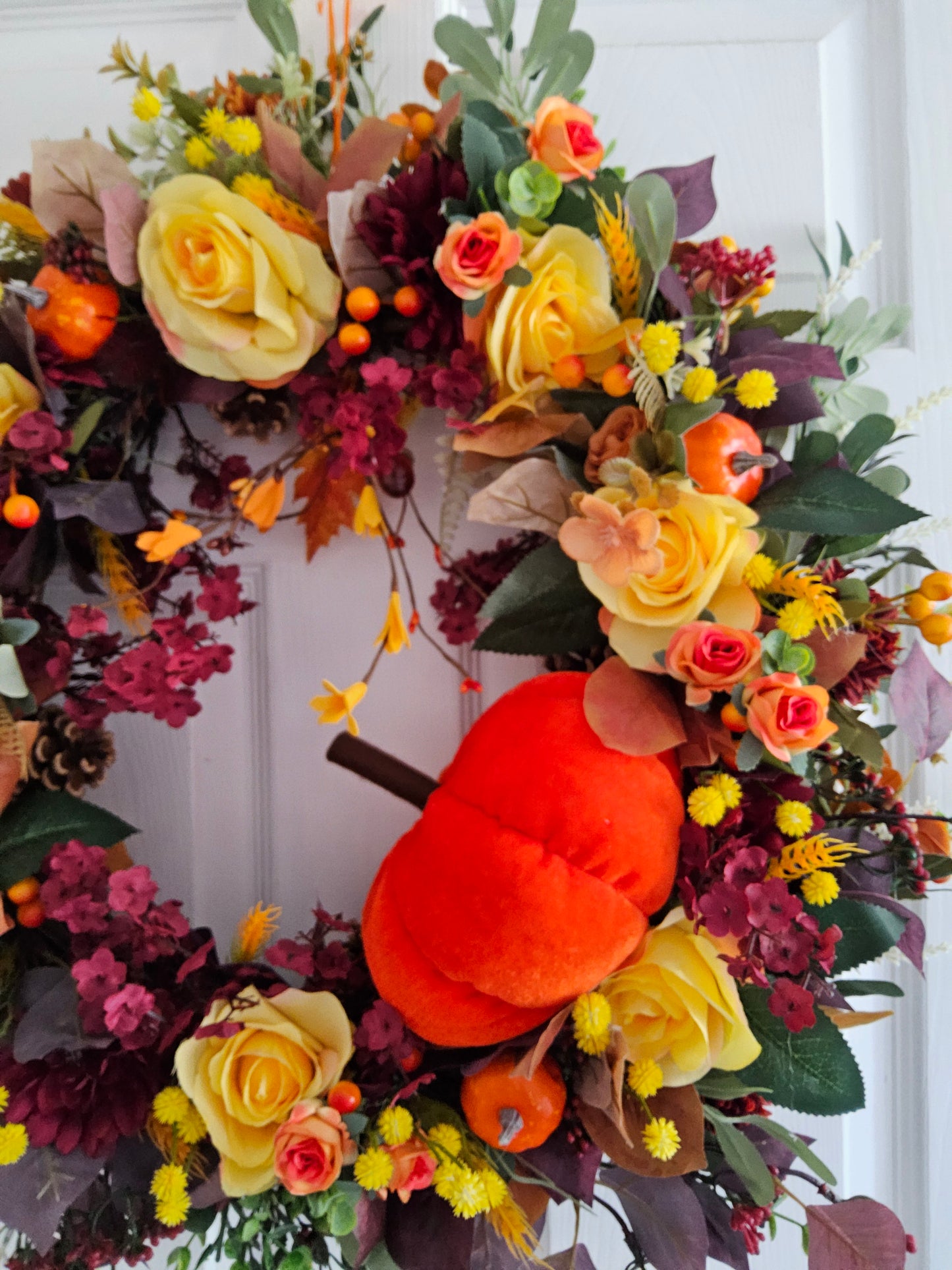 Golden Harvest Pumpkin Wreath. Handmade Faux Autumn Door Wreath (A16)