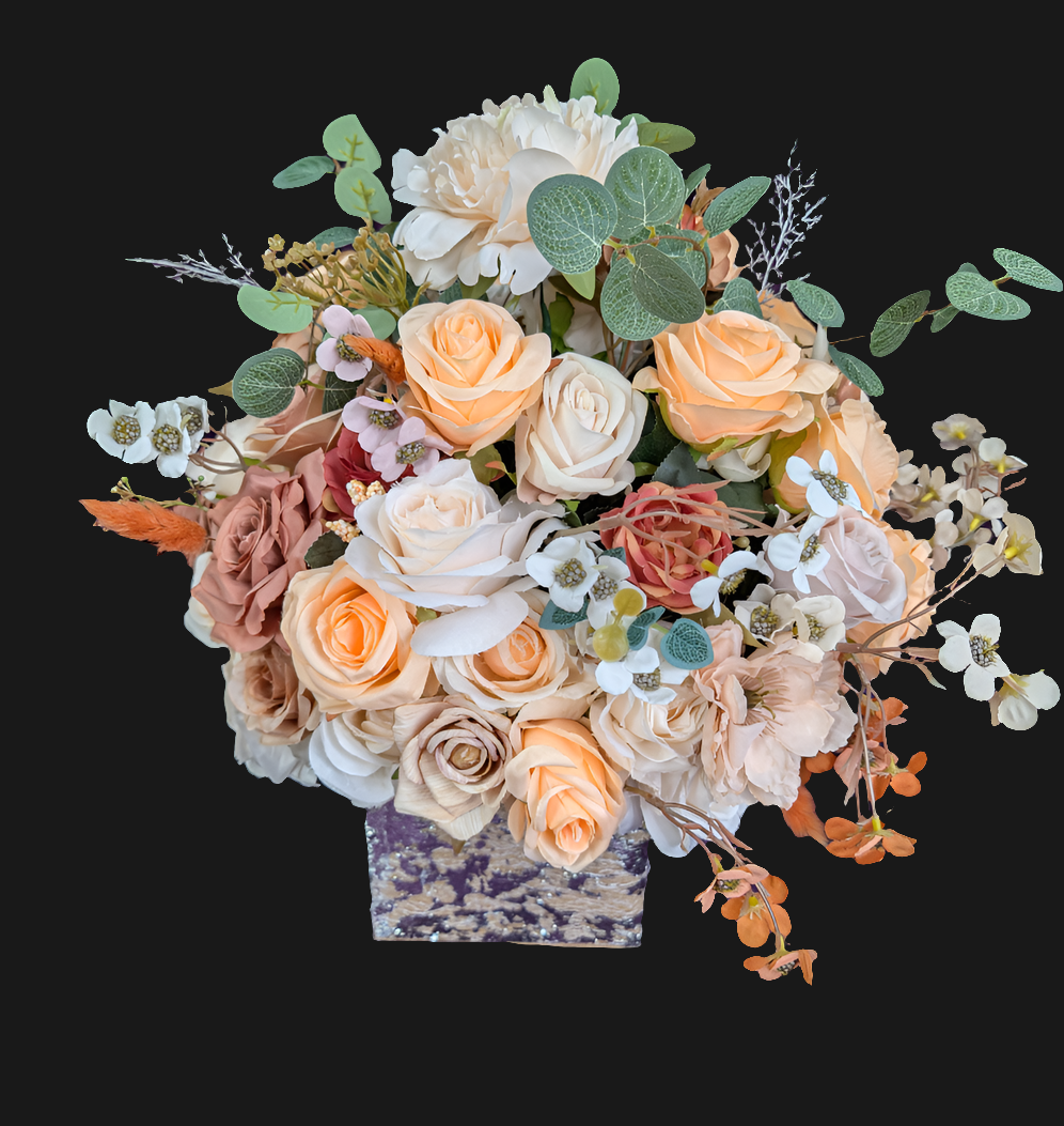 Faux Peaches, Coffee & Cream Floral Arrangement
