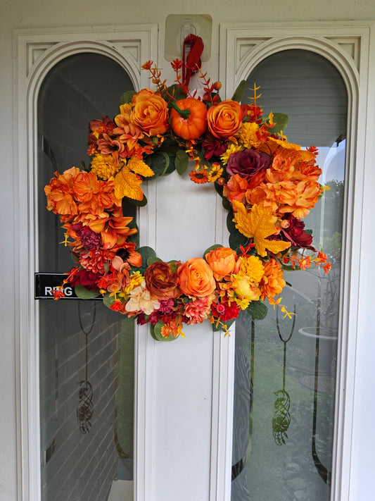 A1. Harvest Gold & Orange Wreath  Handmade Faux Autumn Door Decor. (A1)