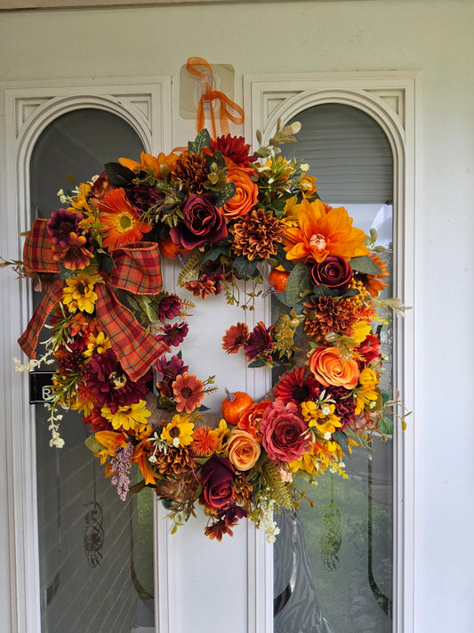 Plaid and Pumpkin Autumn Wreath.  Handmade Faux Autumn Door Decor.    (A2)