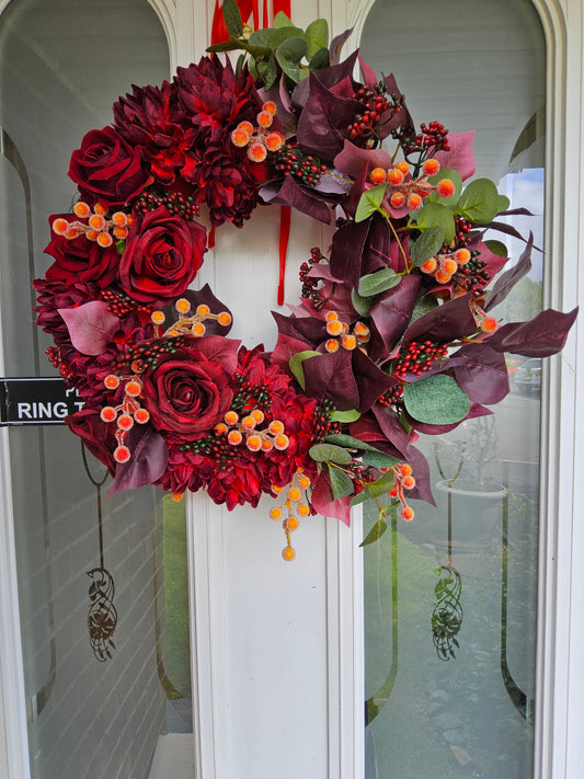 Burgundy  & Berry Autumn Wreath. Handmade Faux Autumn  Door Decor.  (A4)