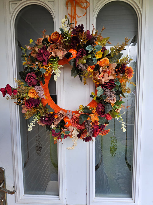 Burnt Orange & Burgundy Harvest Wreath.  Handmade Faux Autumn Door Decor. (A7)
