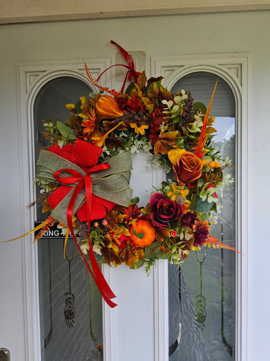 Crimson and Gold Autumn Wreath.  Handmade Faux Autumn Door Wreath.     (A11)