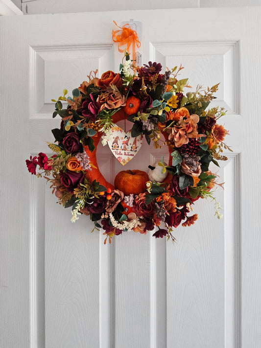 Burnt Orange & Burgundy Harvest Wreath.  Handmade Faux Autumn Door Decor. (A7)